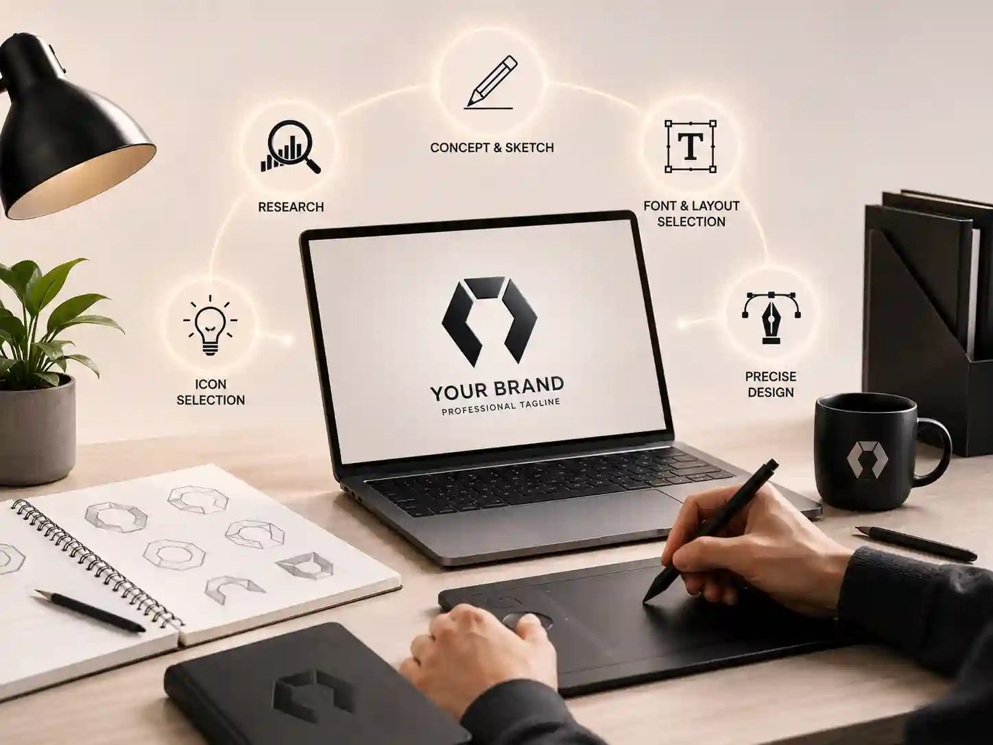 Every Logo Creator logo is made by an expert human designer, not AI Human designer creating a logo in Logo Creator using a drawing tablet with research, concept, font selection and precise design process
