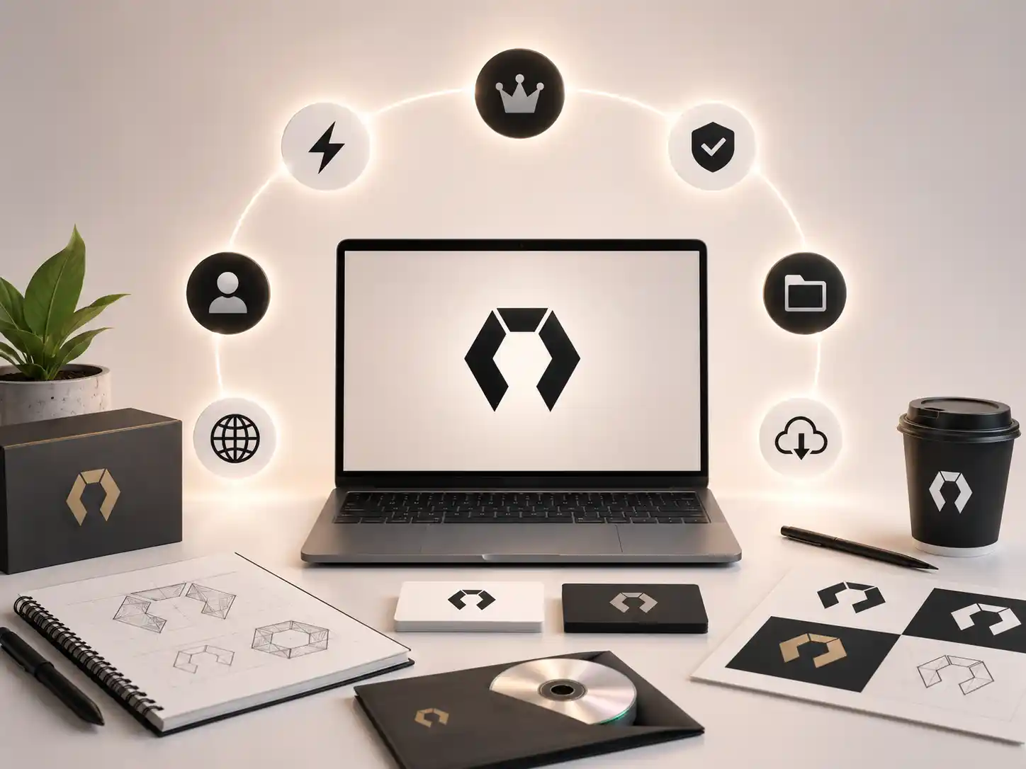 Logo Creator — professional logo maker for business owners starting at $69 Logo Creator professional logo maker software showing brand identity files on laptop with business card and packaging