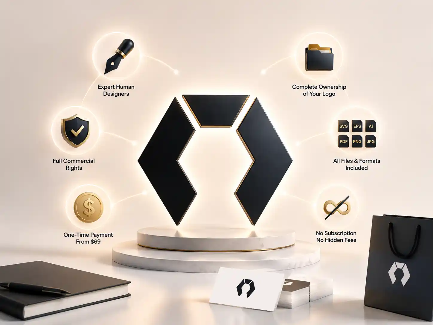 Why Logo Creator is the top choice for business owners in 2026 — one payment, full ownership, all formats Logo Creator brand mark on display podium showing five key features: expert human designers, complete ownership, full commercial rights, all file formats SVG EPS AI PDF PNG JPG, one-time payment from $69 with no subscription