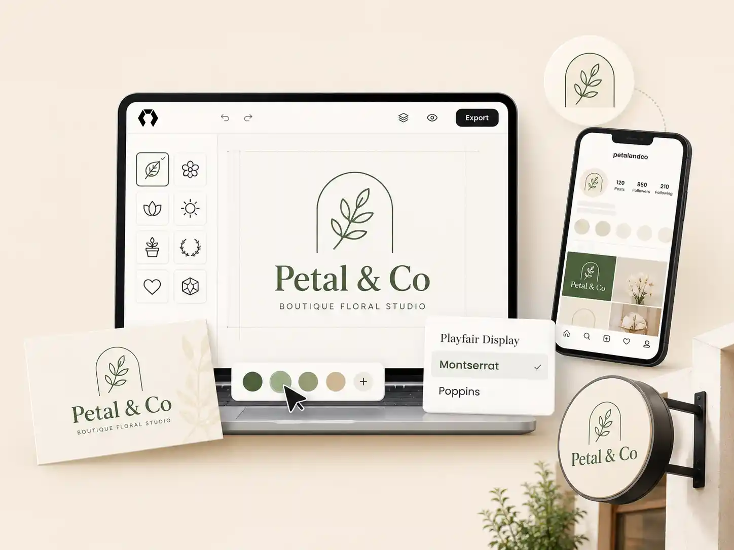Preview your logo on real-world mockups like business cards and signage Logo previewed on business card, Instagram profile, and storefront signage